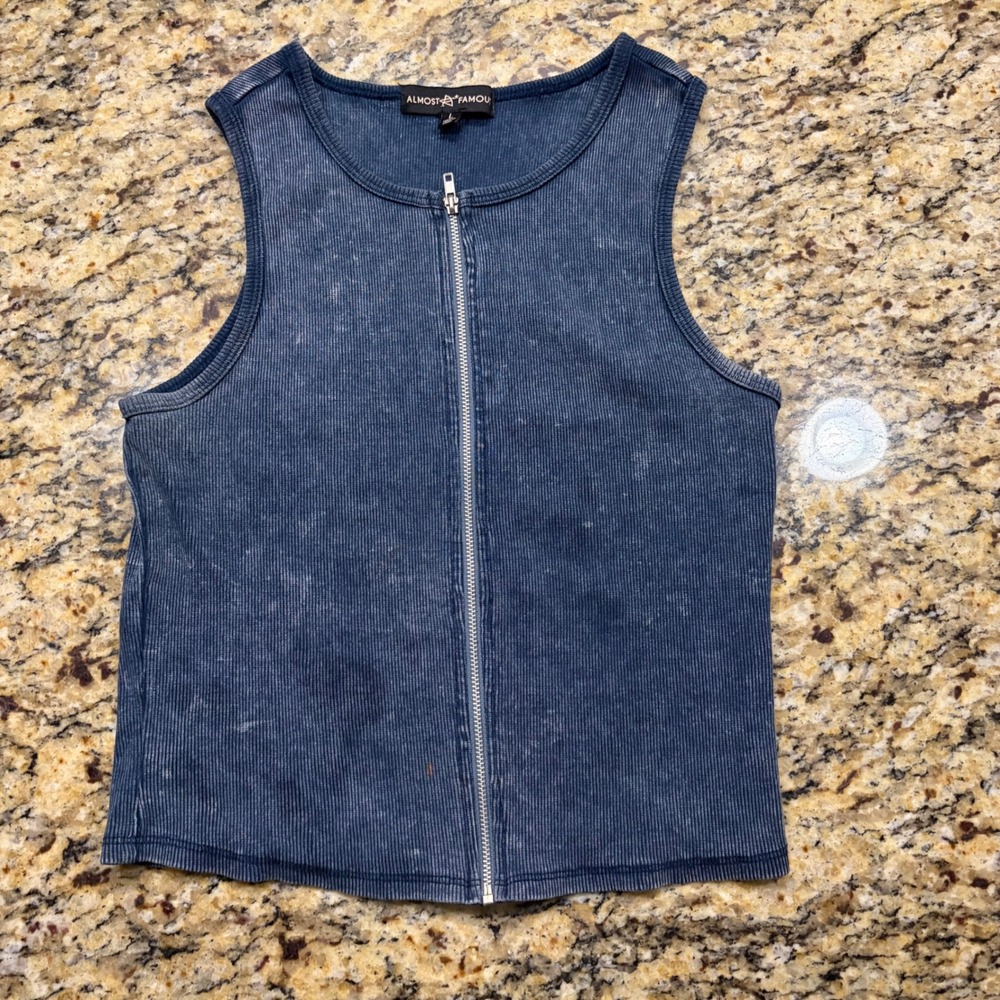 Almost Famous Women Blue Acid Wash Ribbed Full Zip Tank Top Size Large